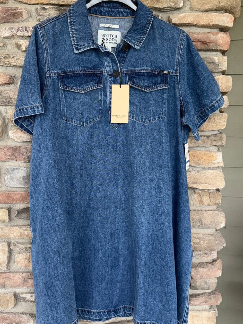 Scotch & Soda Amsterdam Women's XL SS Denim Button Pocket Dress Blue NWT